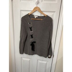 CJ Banks Gray Knit Sweater with Lace-Up Detail